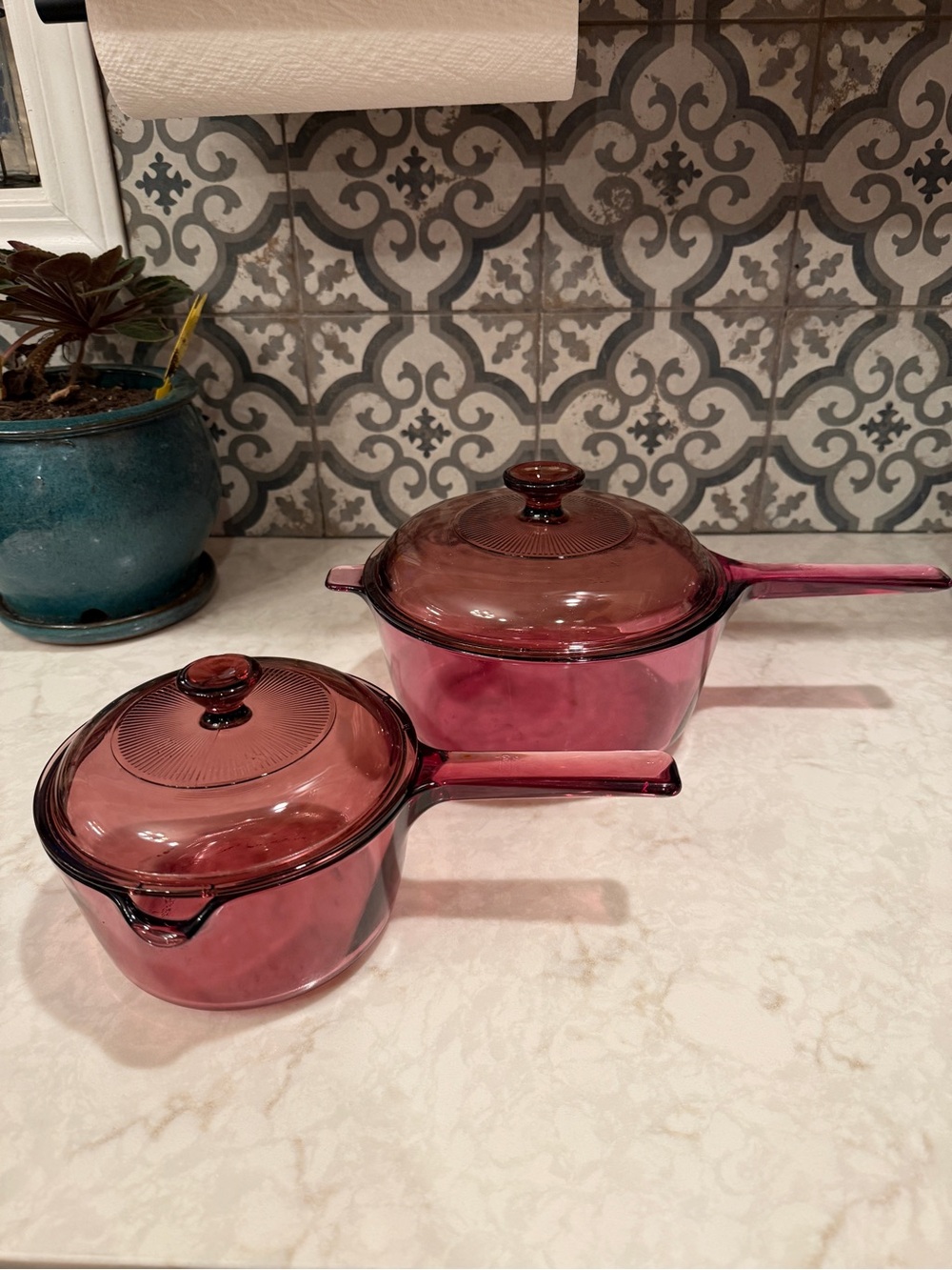 RARE! Vintage Visions Cranberry Saucepans with Lids- Set of 2